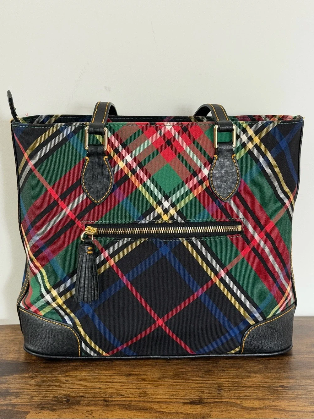 Dooney & Bourke Tartan Plaid Tote Multicolor Black Leather Trim